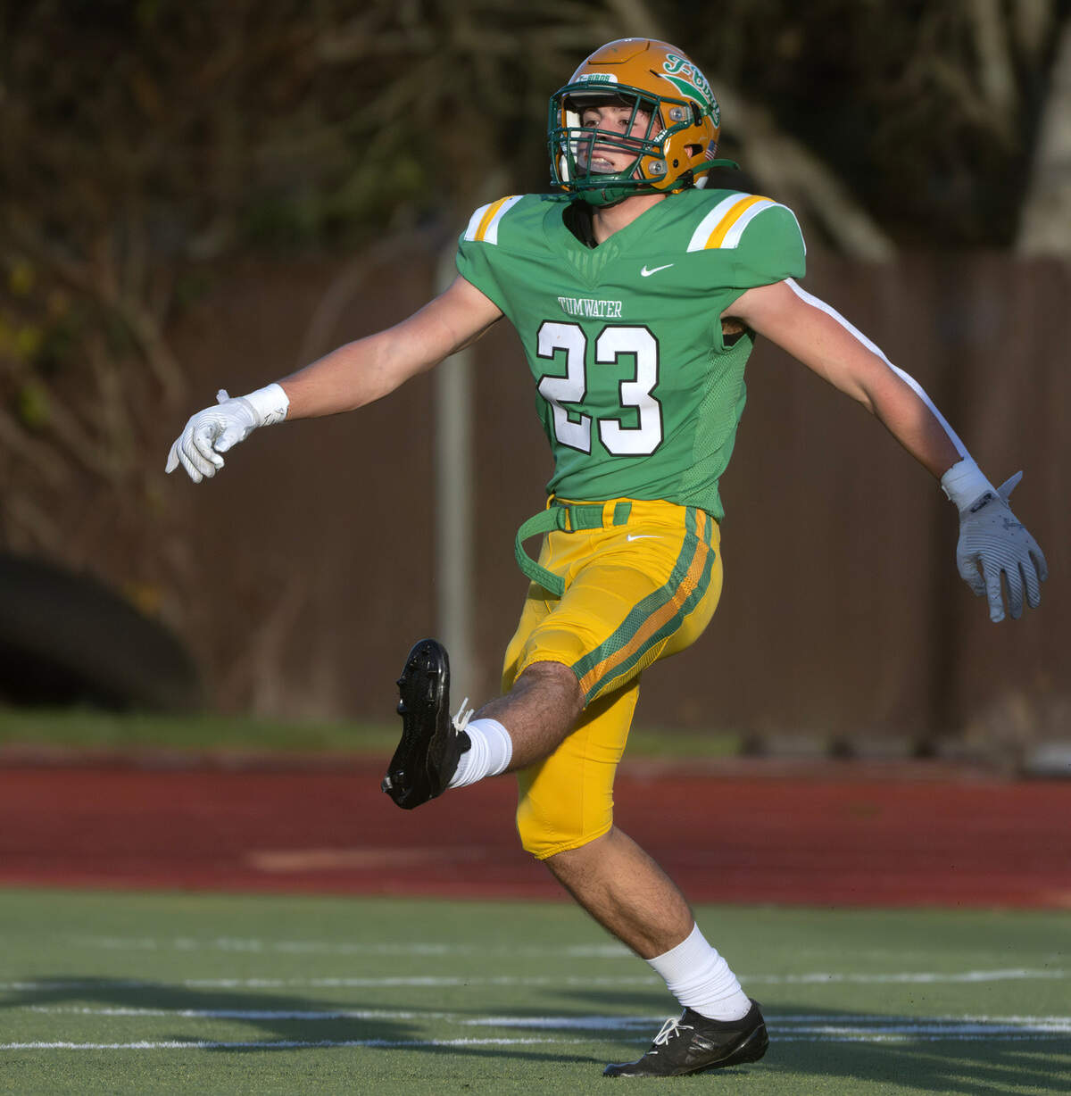 Tumwater linebacker Cash Short celebrates a sack of Sehome quarterback Nolan Wright during Satuday afternoon’s state playoff game at Tumwater District Stadium in Tumwater, Washington, on Friday, Nov. 23, 2024. Tumwater won the game, 70-7, to advance to the state semifinals.