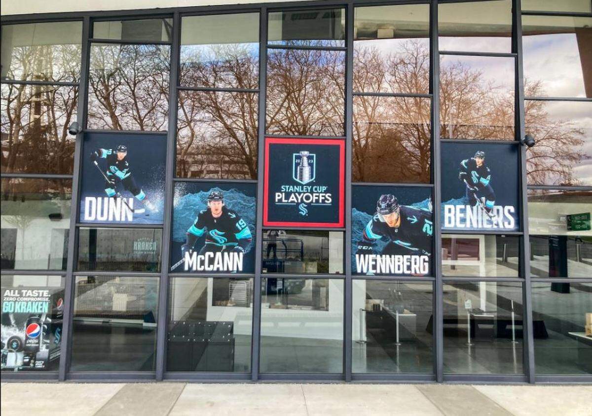 New Stanley Cup Playoffs signs are all about Climate Pledge Arena at Seattle Center April 13, 2023. They are for the Kraken’s first postseason appearance, in just their second NHL season.