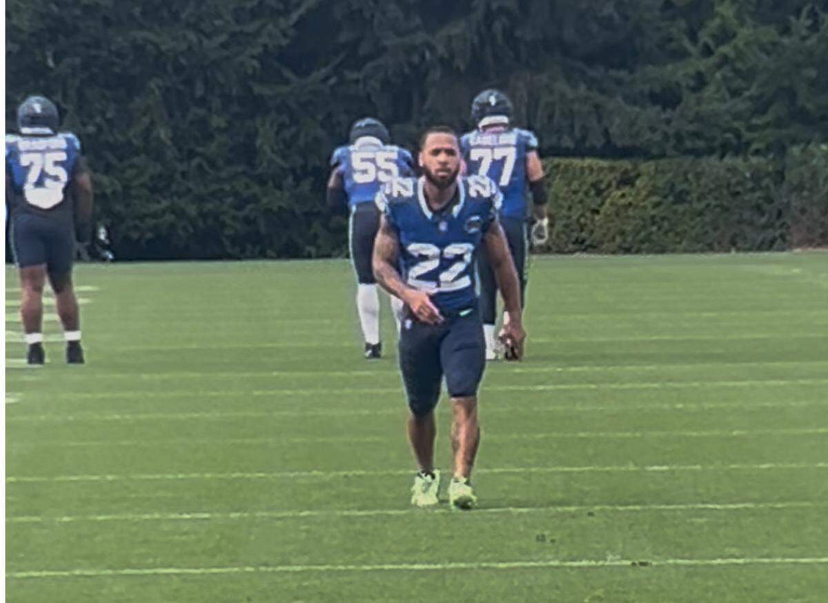 Myles Gaskin, a former University of Washington Huskies and O’Dea High School running back, begins his first practice as a member of the Seahawks Wednesday, Oct. 1, 2025, at the Virginia Mason Athletic Center in Renton. Seattle signed Gaskin, 28, to its practice squad.