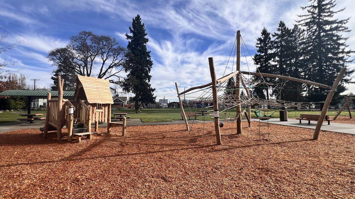 The Oakland Madrona Park’s revamped playground opened in January, featuring nature-inspired wooden play structures, swings and a new climbing area.