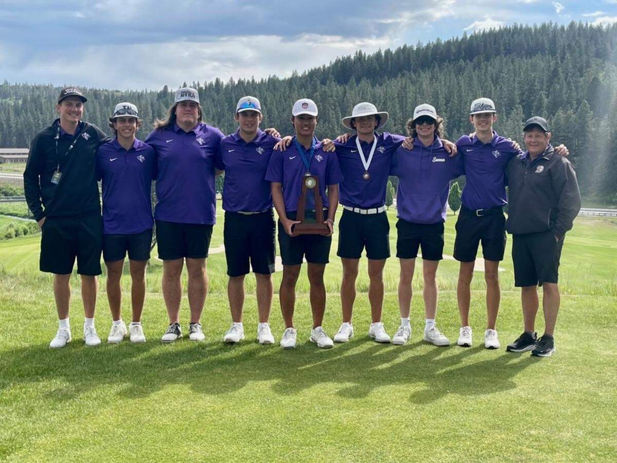 Sumner’s boys golf team poses with the first-place trophy after its 4A team-championship win at The Creek at Qualchan Golf Course on May 24, 2023 in Spokane, Wash.