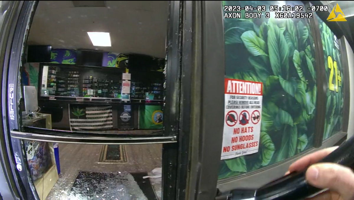 An image from a Pierce County Sheriff’s Department deputy’s body-worn camera shows the front door of a cannabis dispensary that was broken during a burglary Monday, April 4, 2023 at the business near Tacoma.