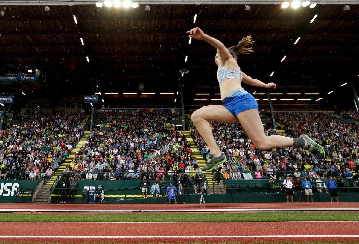 Andrea Geubelle competes during the women’s triple jump final at the U.S. Olympic Track and Field Trials, Thursday, July 7, 2016, in Eugene Ore. (AP Photo/Charlie Riedel)