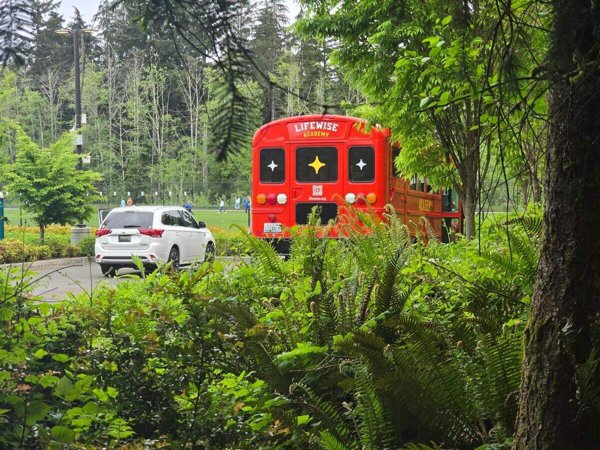 A LifeWise bus at Swift Water Elementary on Wednesday, May 6, 2026 in Gig Harbor, Wash.