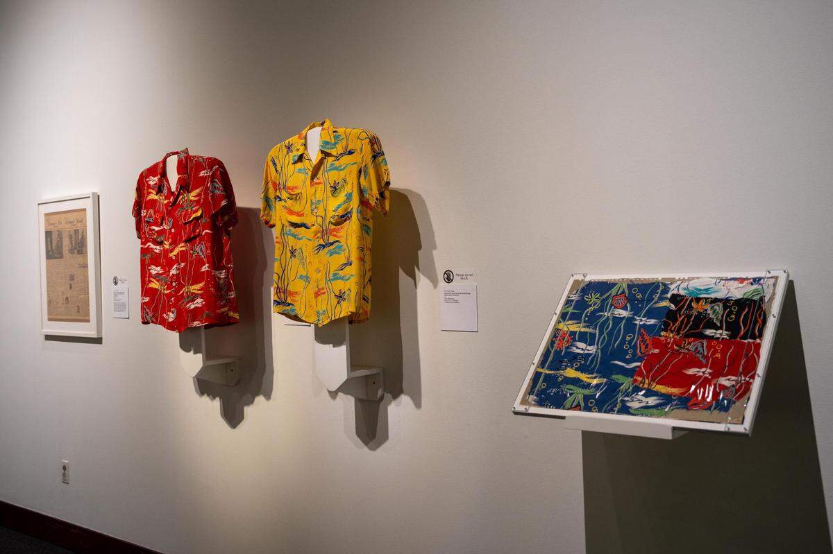 At the Washington State History Museum, John “Keoni” Meigs’ Aloha Shirts are on display along with color swatches, original sketches and paintings that Meigs created.
