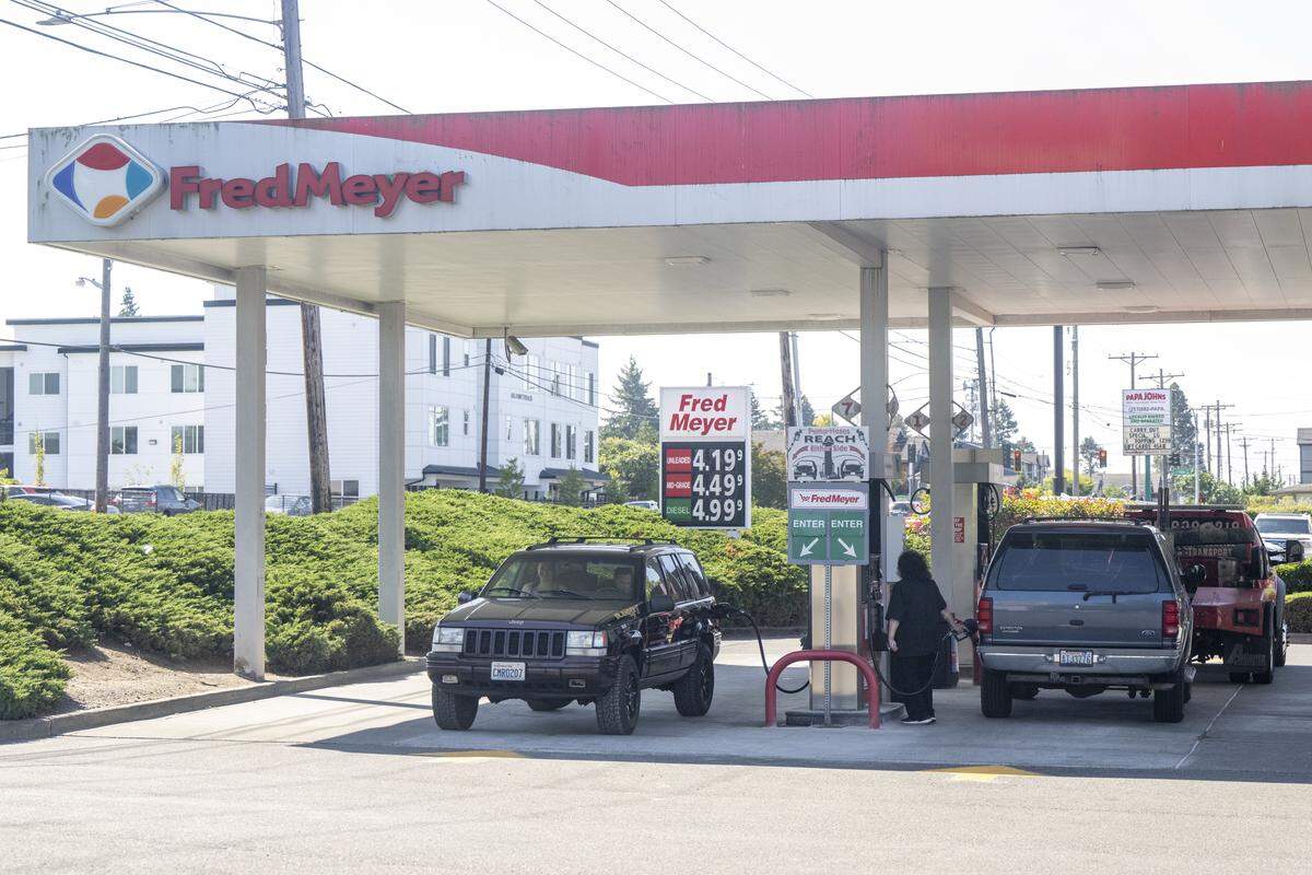 People stop for gas at the Fred Meyer in Tacoma's South End on Wednesday, July 30, 2025, in Tacoma.