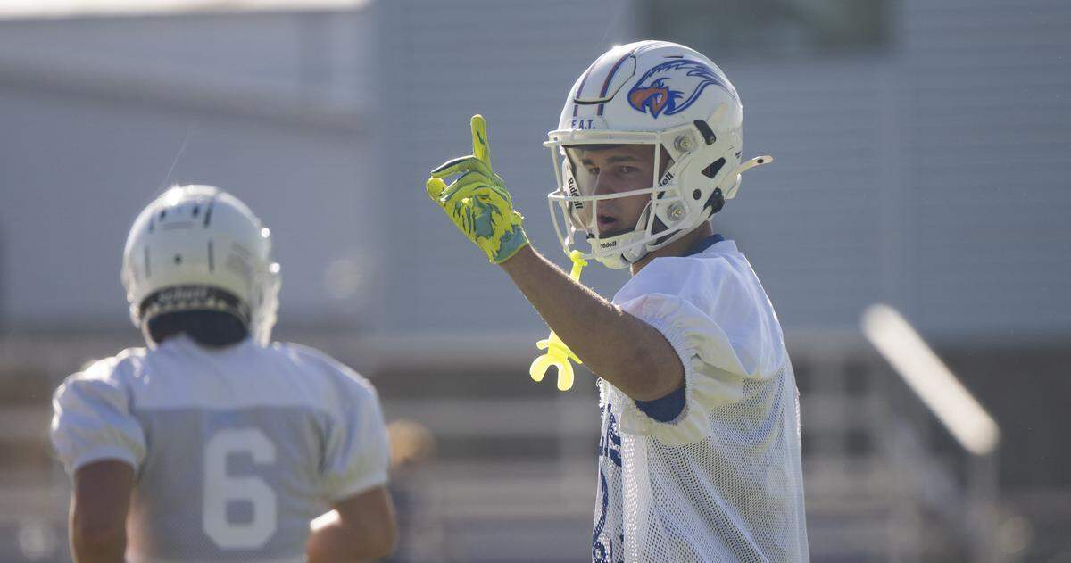 Graham-Kapowsin wide receiver Kase Bets reacts after a drill during a football practice at Graham-Kapowsin High School on Friday, Aug. 22, 2025, in Graham, Wash.