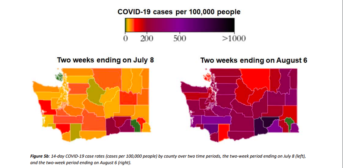 State Department of Health maps showing the increase of COVID-19 cases since July.
