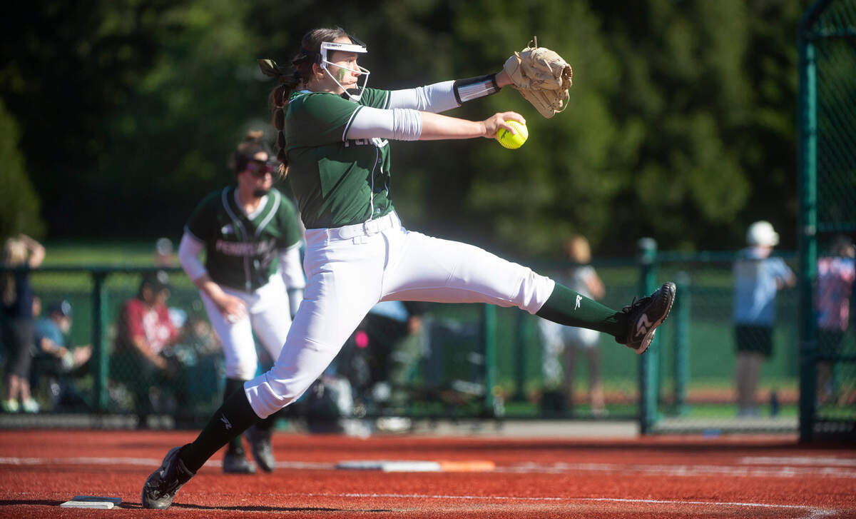 Peninsula pitcher Alli Kimball fires a pitch to Bonney Lake during the Seahawks’ 5-2 victory over the Panthers in the 3A District 3/4 championship game at the Regional Athletic Complex in Lacey, Washington, on Saturday, May 22, 2022.
