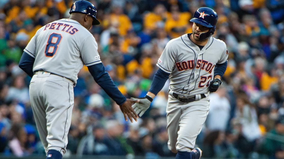 Houston’s Jose Altuve rounds third after hitting a home run in the seventh inning. The Seattle Mariners played the Houston Astros in a Major League Baseball game at T-Mobile Park in Seattle, Wash., on Saturday, April 13, 2019.
