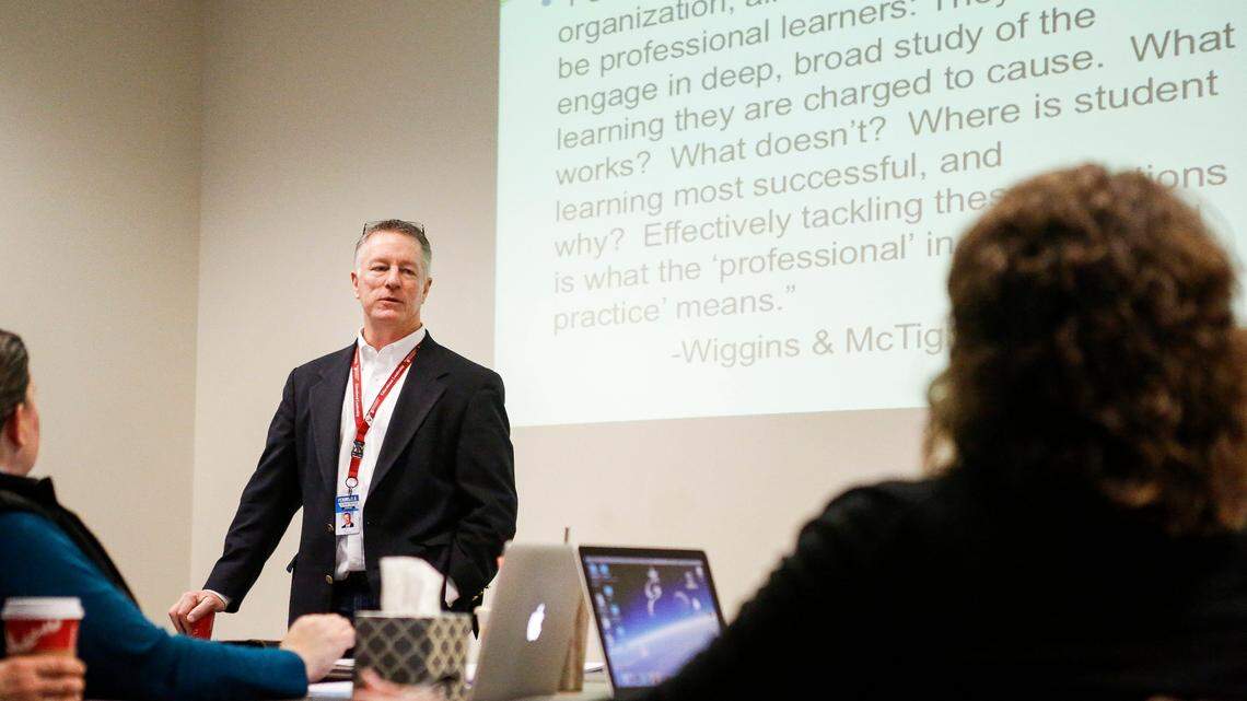 Superintendent Robert Manahan speaks to Peninsula School District staff during a retreat and workshop in November 2016, his first year on the job. Manahan has resigned and will leave the district this month after attending high school graduations and finishing out the 2017-18 school year.