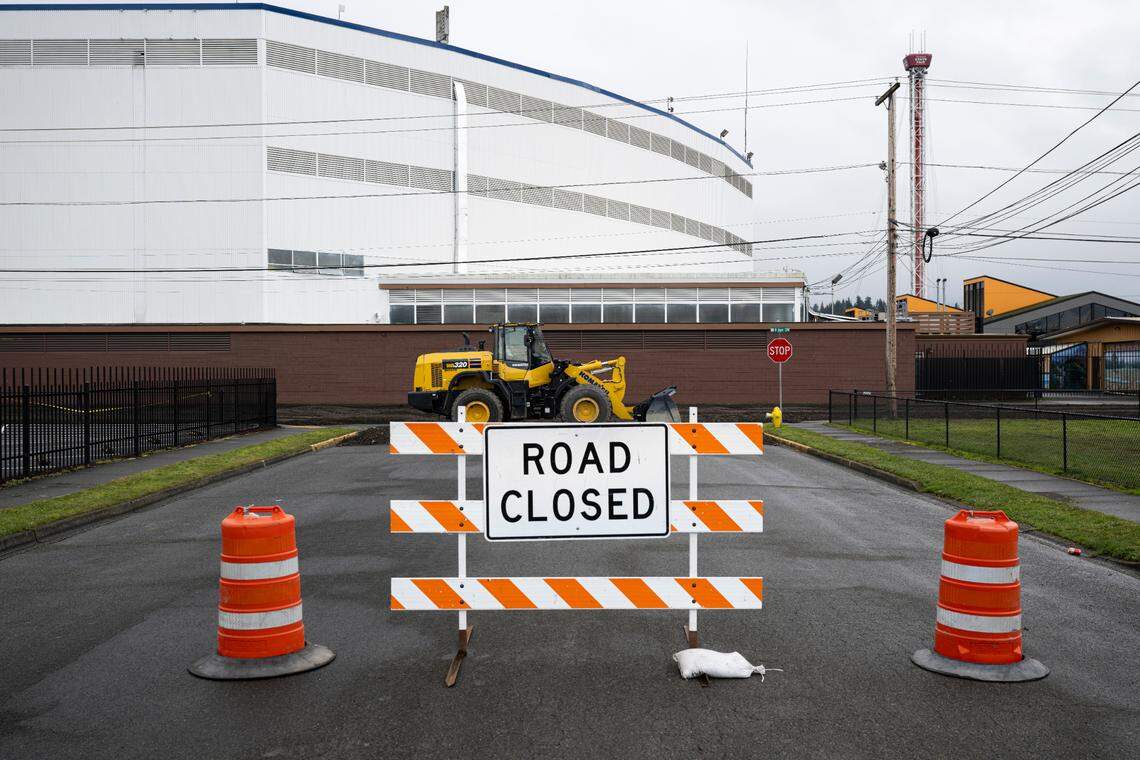 Ninth Street Southwest is closed and under construction behind the Washington State Fairgrounds, on Wednesday, Feb. 5, 2025, in Puyallup.