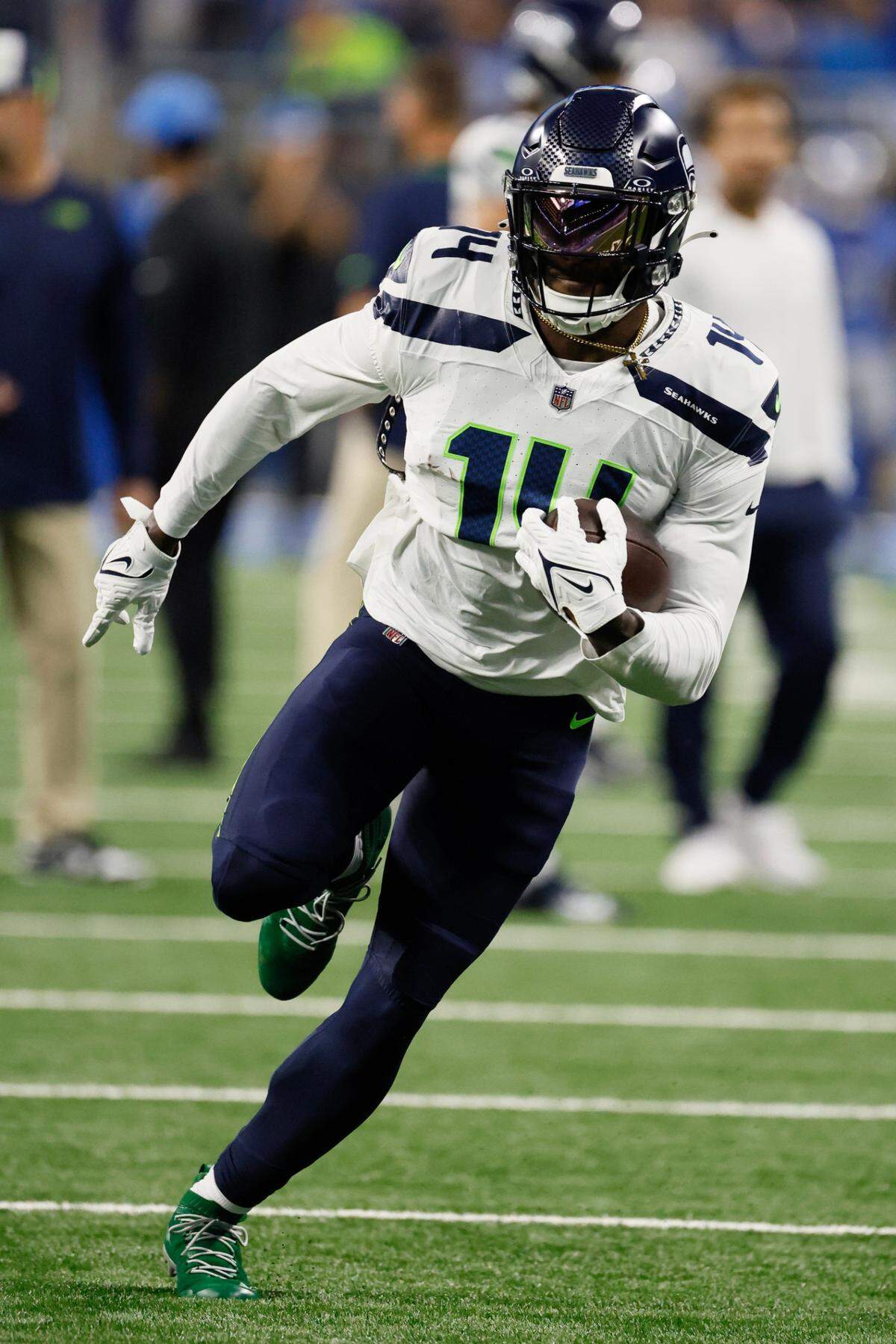 Seattle Seahawks wide receiver DK Metcalf warms up before an NFL football game against the Detroit Lions, Sunday, Sept. 17, 2023, in Detroit. (AP Photo/Duane Burleson)