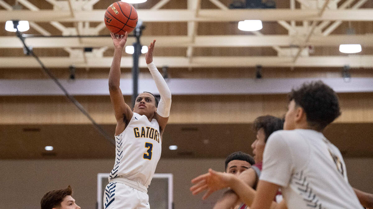 Annie Wright guard Jeremiah Harshman (3) attempts a shot during the first quarter of a Class 1A state regionals game against Toppenish on Saturday, Feb. 25, 2023, at Tacoma Community College, in Tacoma, Wash.