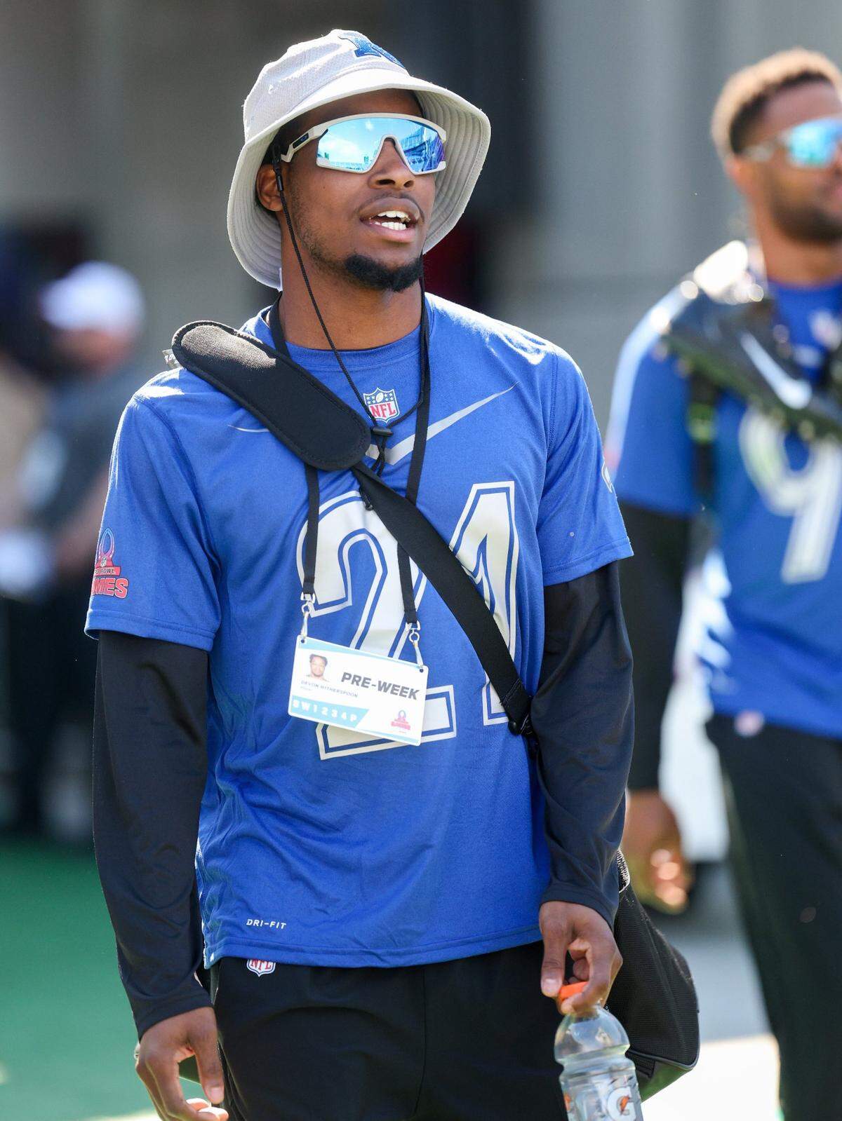 Feb 3, 2024; Orlando, FL, USA; Seattle Seahawks cornerback Devon Witherspoon (21) participates in the AFC versus NFC Pro Bowl practice and media day at Camping World Stadium. Mandatory Credit: Nathan Ray Seebeck-USA TODAY Sports