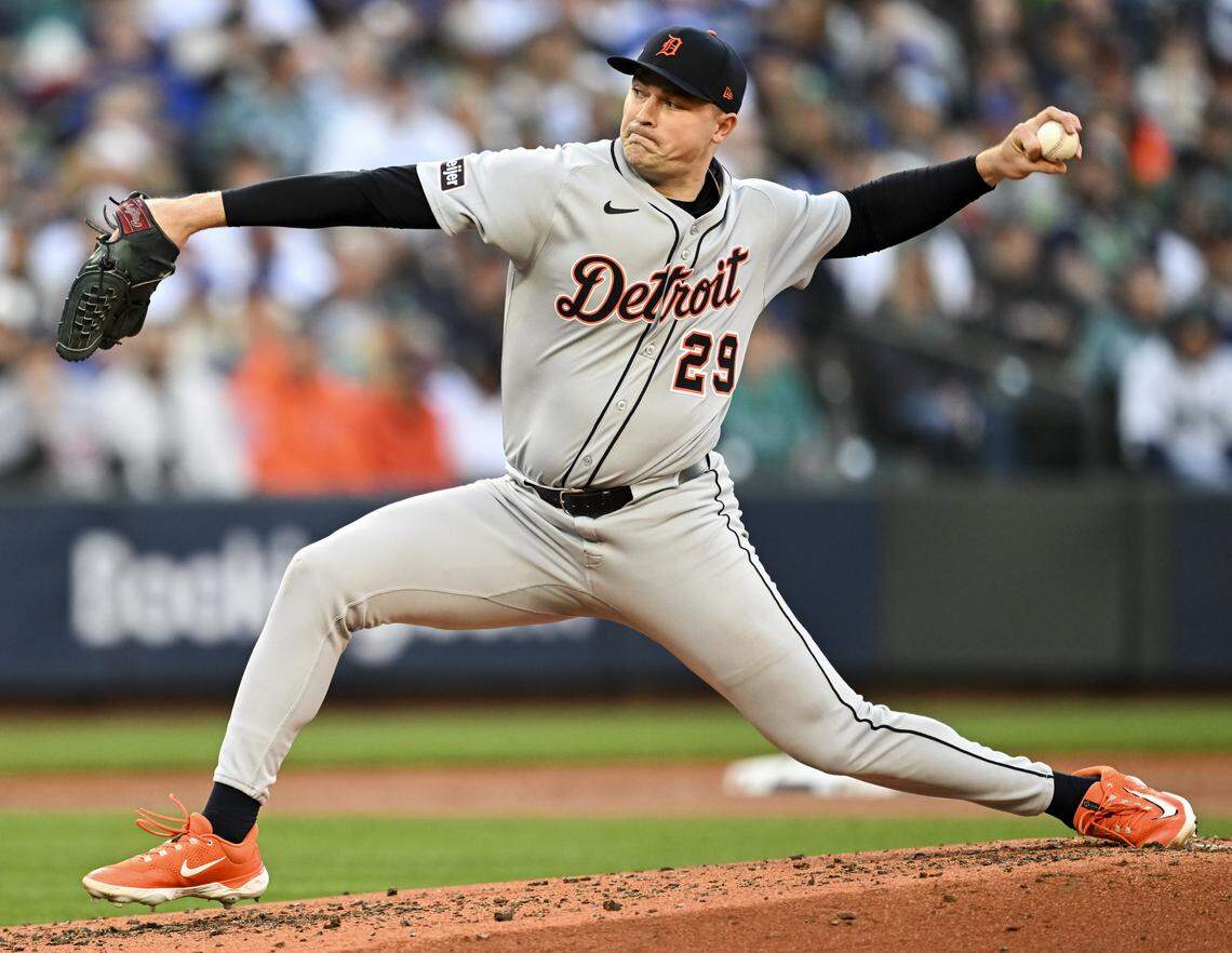 Detroit Tigers pitcher Tarik Skubal (29) pitches during the second inning of Game 2 of the AL Division Series against the Seattle Mariners at T-Mobile Park, on Sunday, Oct. 5, 2025, in Seattle.