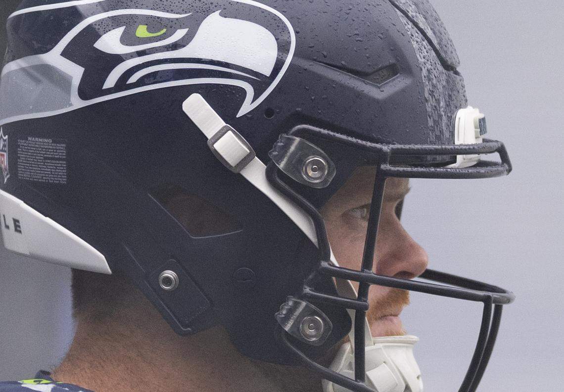 Seattle Seahawks quarterback Sam Darnold (14) takes to the field before the game against the New Orleans Saints at Lumen Field, on Sunday, Sept. 21, 2025 in Seattle.