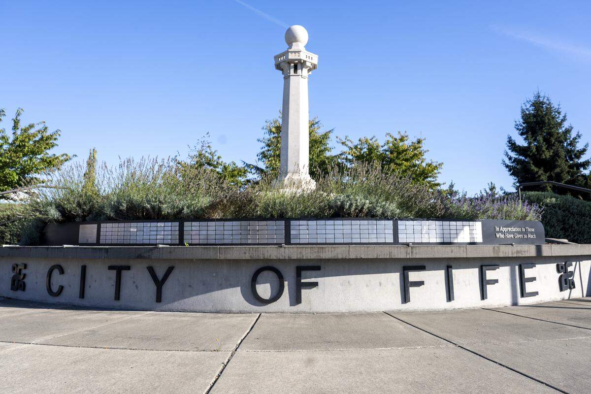 The historic Fife fountain is pictured outside of facility buildings for the city of Fife on Monday, Sept. 22, 2025, in Fife, Wash.