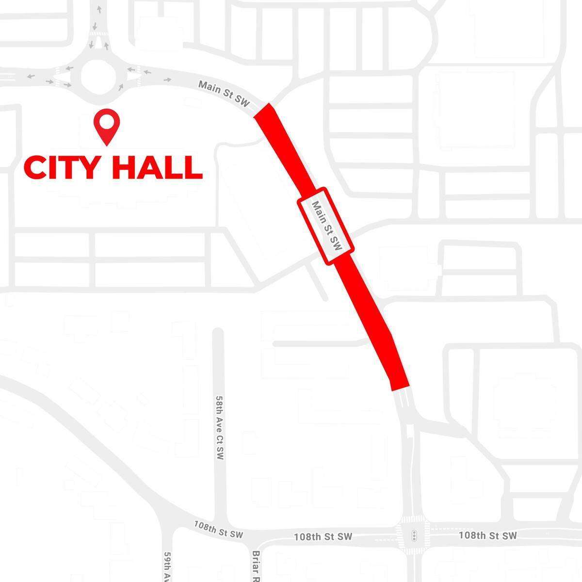 A map of Main Street SW closure in Lakewood, which will occur from 7 a.m. to 4:30 p.m. from May 4 to May 29.