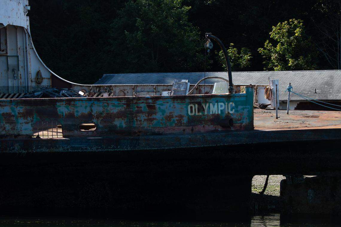 The Olympic, a retired Washington state ferry, is abandoned off Ketron Island in the Puget Sound. State officials cannot remove the vessel due to its large size and location on private property. For 15 years, it hasn’t moved.