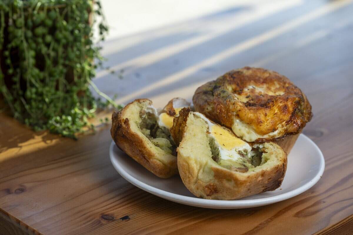 Two savory stuffed brioches filled with bacon, potato, egg and cheese are pictured on Friday, Jan. 23, 2026, at Three Hearts in Tacoma, Wash.