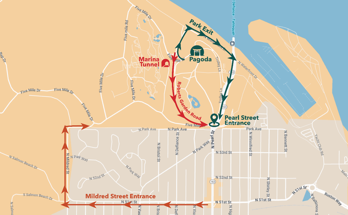 This map shows how the Point Defiance Flower & Garden Festival will impact traffic starting June 5 in Tacoma.