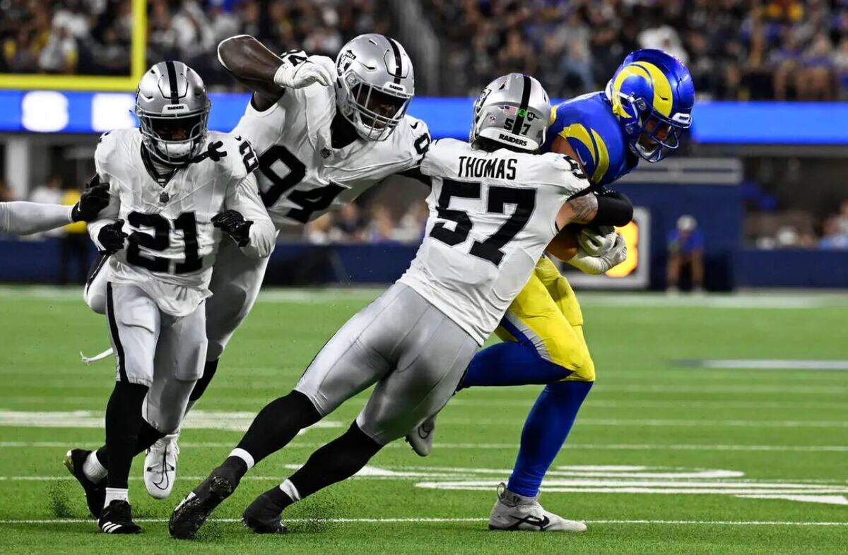 The Seahawks claimed rookie linebacker Drake Thomas (57) off waivers from the Las Vegas Raiders on Aug. 30, 2023. Here Thomas is playing a preseason game for the Raiders against the Los Angeles Rams Aug. 19, 2023, in Inglewood, Calif.