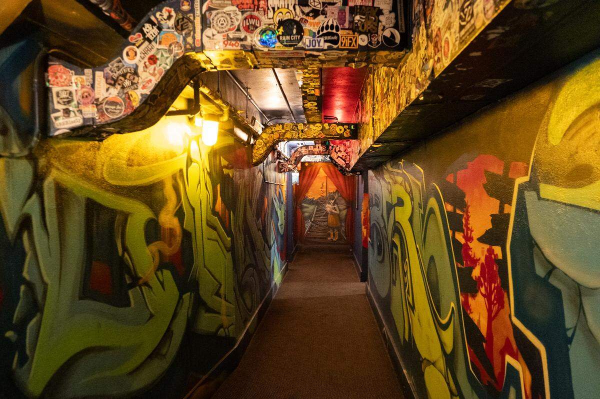 A grafittied hallway inside McMenamins Elks Temple.