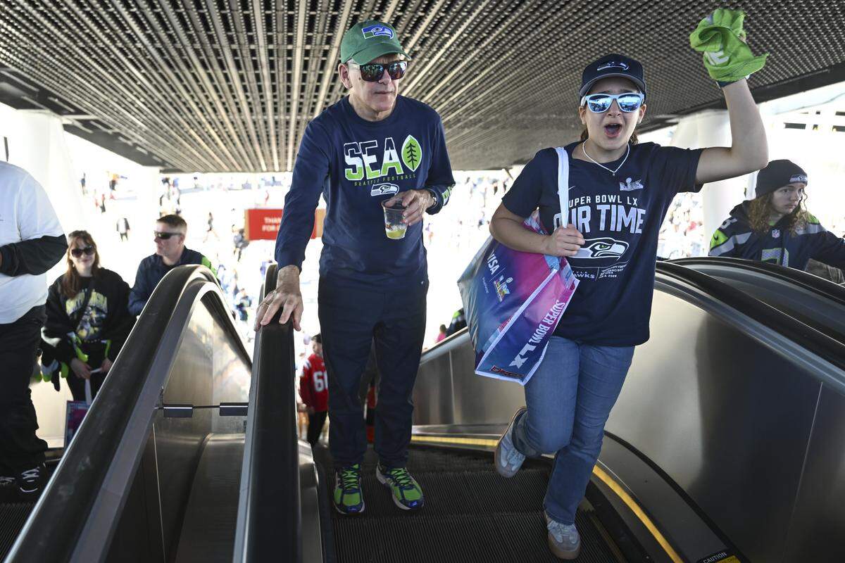 Seattle Seahawks fans arrive at Levi’s Stadium in Santa Clara on Sunday, Feb. 8, 2026 for Super Bowl LX.