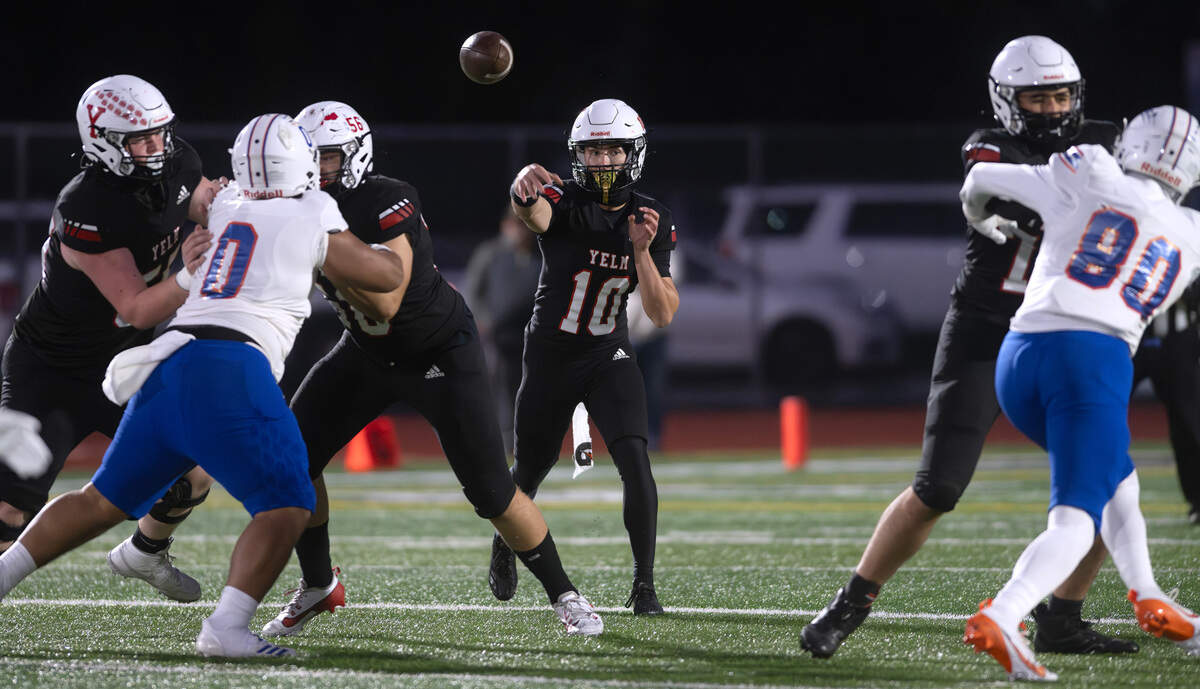 Yelm quarterback Parker Myers fires a pass during Friday night’s football game against the Graham Kapowsin Eagles at Yelm High School in Yelm, Washington, on Oct. 4, 2024.