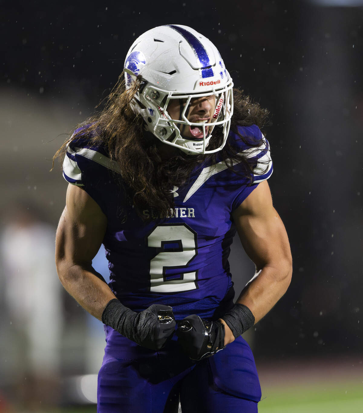 Sumner strong safety Dillon Titialii (2) reacts to a tackle for loss against Eastmont during the first half of the game, at Sunset Chev Stadium on Friday, Nov. 7, 2025, in Sumner, Wash.