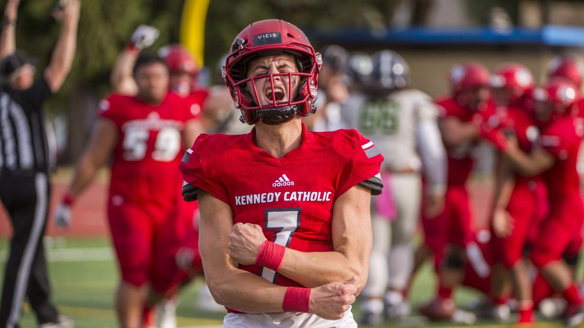 Sam Huard of Kennedy Catholic High School exults after the game is sealed at Highline Memorial Stadium in Burien, October 6, 2018.  Kennedy Catholic beat Beamer 49-45.