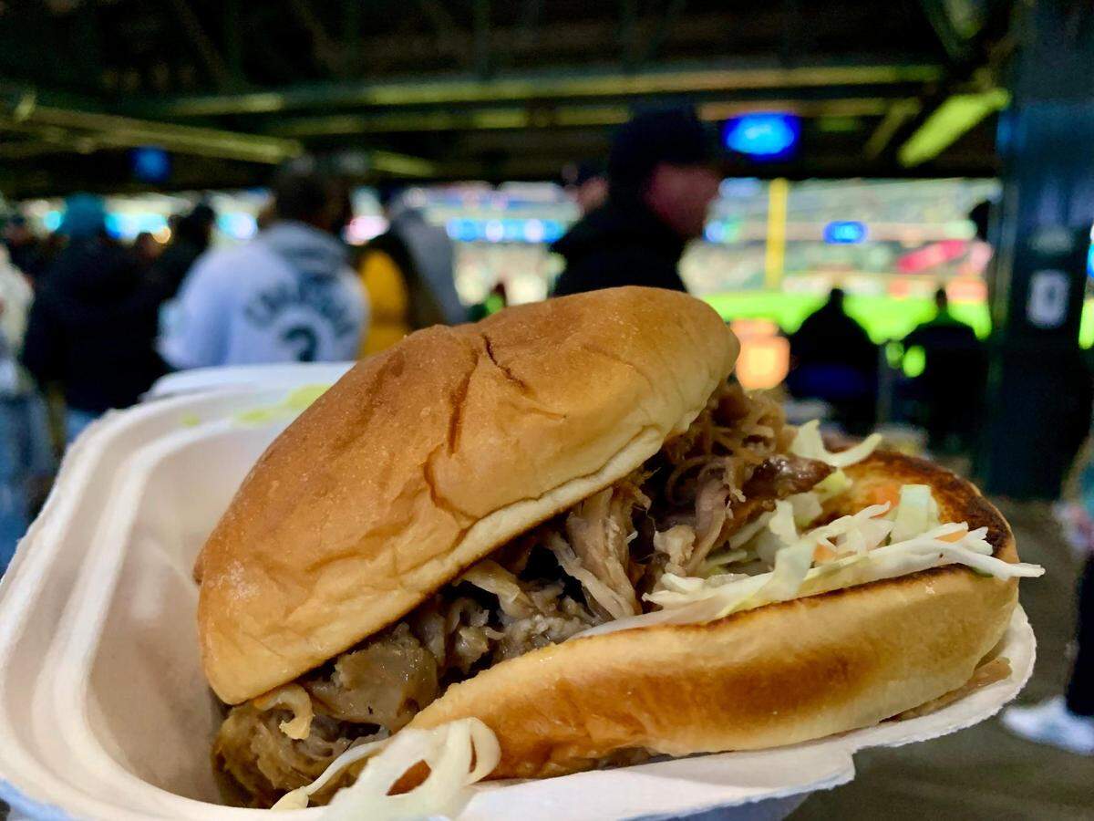 New in 2022, the owners of Marination Ma Kai and Super Six in Seattle opened Marination at T-Mobile Park behind Section 119 on the main level, serving Hawaiian-Korean fusion dishes. The Kalua pork sandwich was described as a slider but seemed full-sized and a bargain (at the ballpark) at $9.50 plus tax.