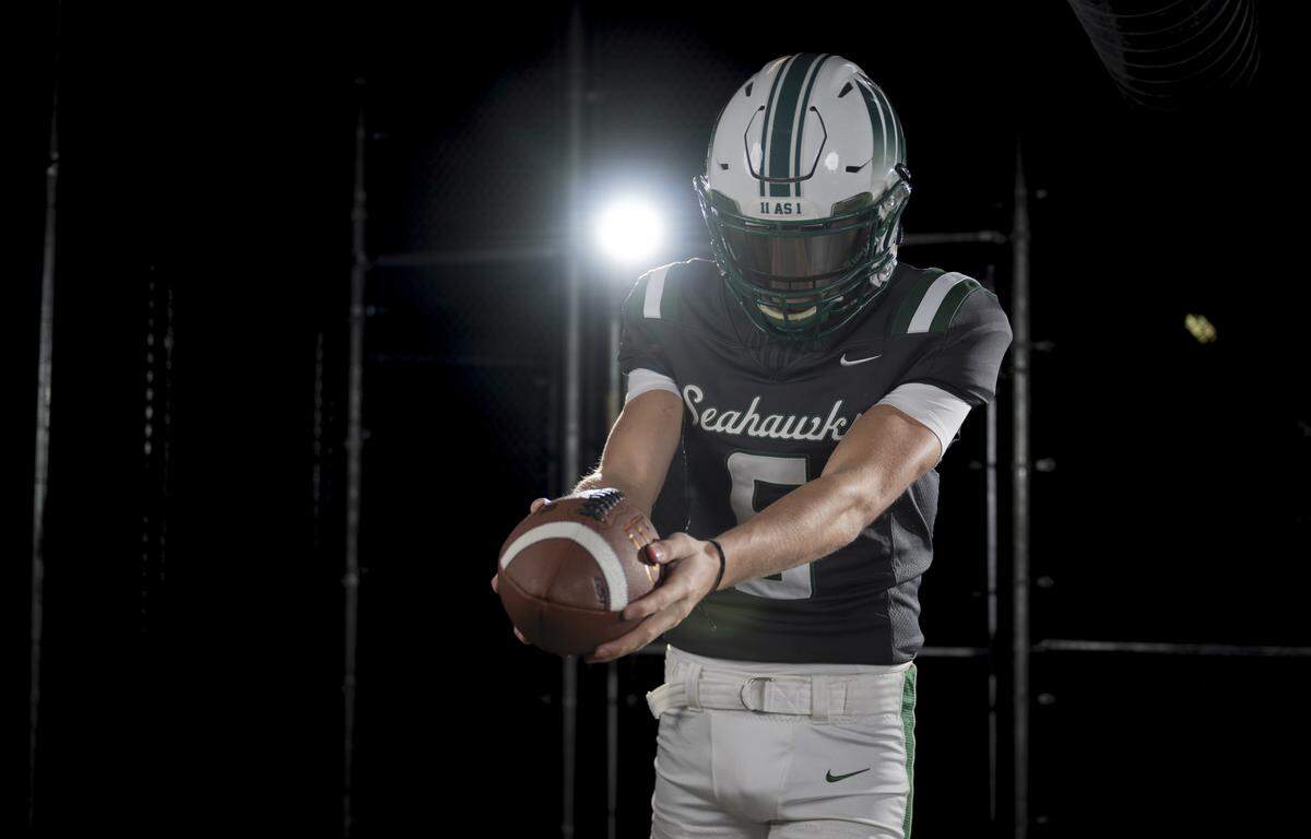 Peninsula junior punter Talen McDonnell poses for a portrait after being selected as first-team special teams for The News Tribune’s 2025 All-Area football team at Mount Tahoma High School, on Sunday, Dec. 7, 2025, in Tacoma, Wash.