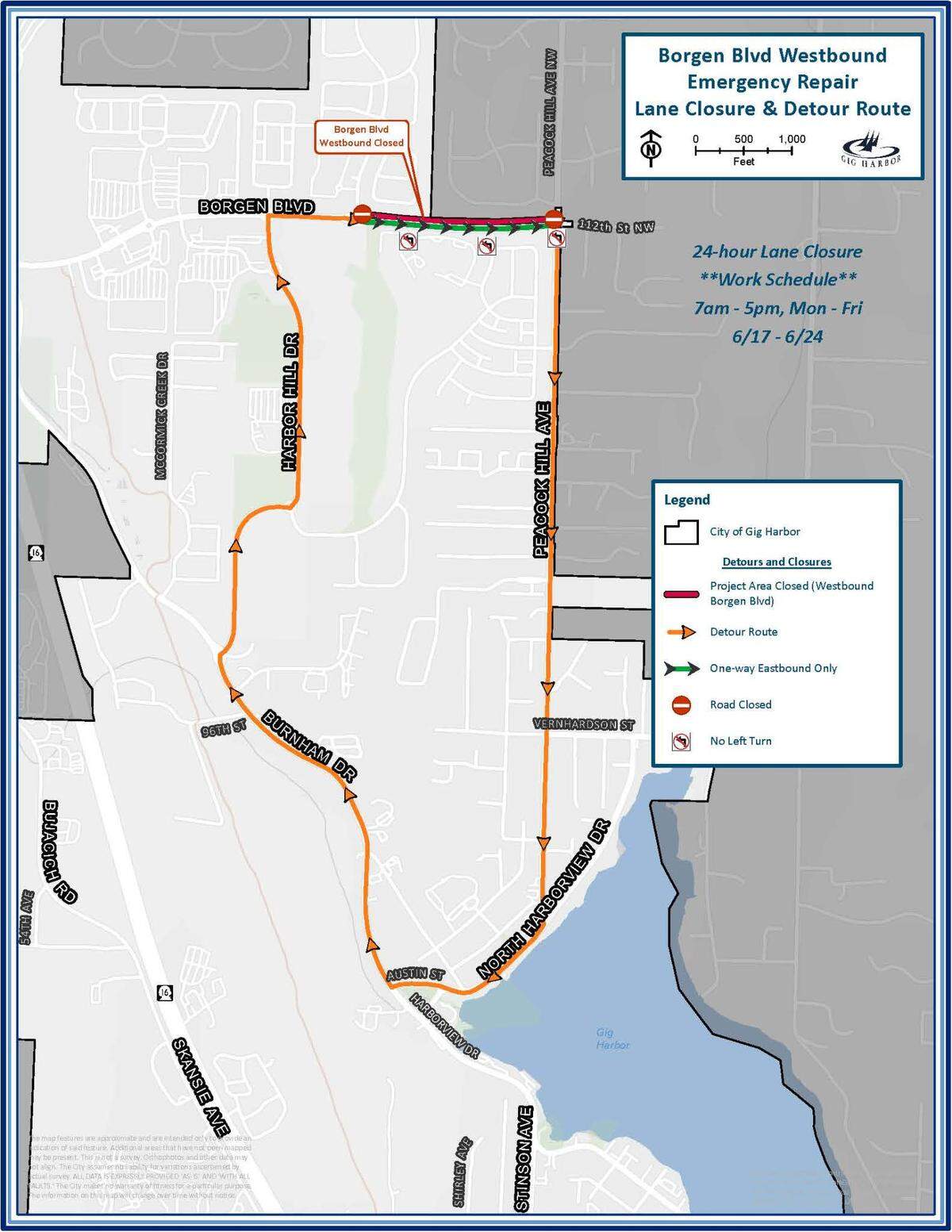 Borgen Boulevard will be closed to westbound traffic between The road will be closed to westbound traffic between Peacock Hill Avenue and Olympus Way until June 24. Drivers will be diverted to an approximately three-and-a-half mile detour
