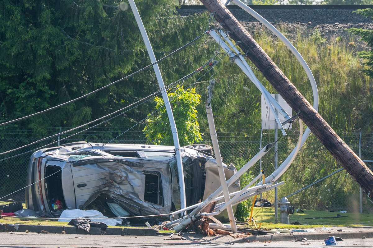 The scene of a crash near 112th Street East and Portland Avenue East, that left one dead and several others injured, on Tuesday, June 3, 2025, in Tacoma, Wash.