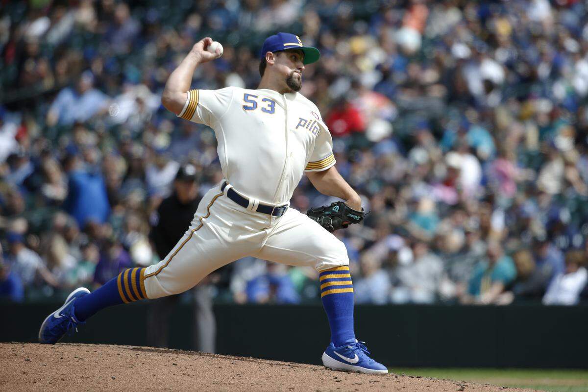 Seattle Mariners relief pitcher Dan Altavilla throws to a Baltimore Orioles batter during the seventh inning of a baseball game Saturday, June 22, 2019, in Seattle. (AP Photo/Joe Nicholson)
