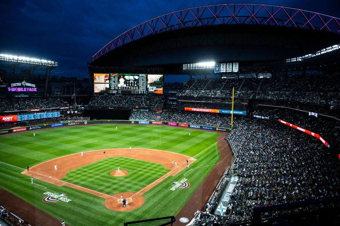 Fans pack the stands during the second inning of the Mariners home opener against the Cleveland Guardians at T-Mobile Park in Seattle on Thursday, March 30, 2023.