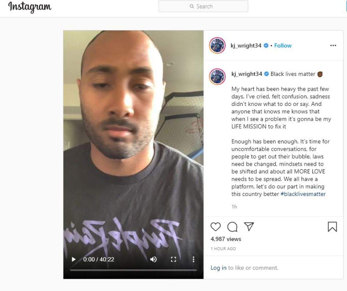 K.J. Wright, the Seahawks Pro Bowl veteran linebacker and longest-tenured player, went on Instagram Wednesday night to express his thoughts on the killing of George Floyd in Minneapolis.