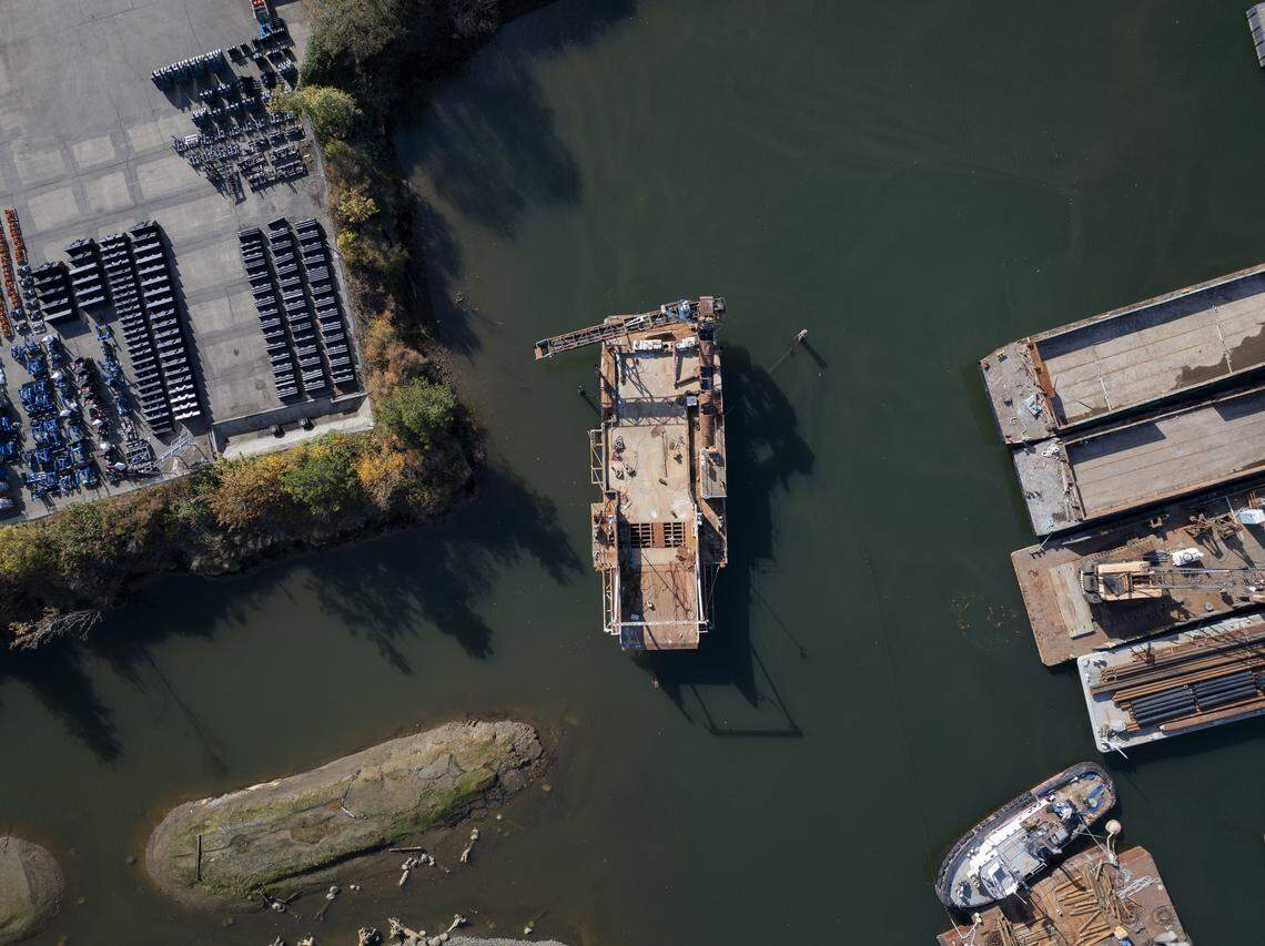 The Disawah sits derelict in the Hylebos Waterway in the Port of Tacoma on Tuesday, Oct. 21, 2025, in Tacoma, Wash. The abandoned vessel is finally being removed after being acquired by the Port of Tacoma.