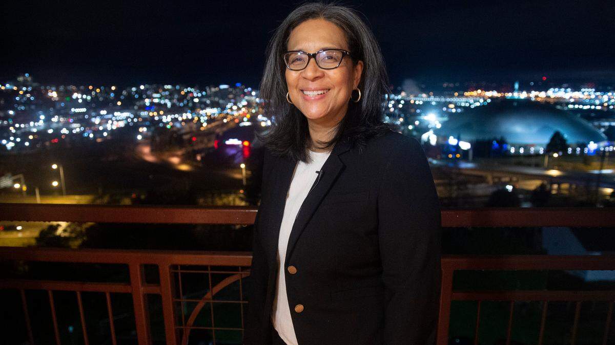 U.S. House of Representatives candidate Marilyn Strickland at her home overlooking Tacoma. She will join Thurston County Commission chair Carolina Mejia in hosting at town hall meeting in Lacey on Thursday evening, June 30.