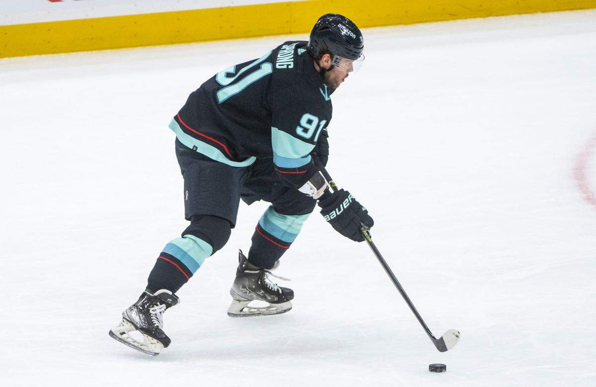 Seattle Kraken right wing Daniel Sprong (91) looks to score before he shoots the puck into the goal and scores the Kraken’s second goal of the game during the first period of a first round 2023 Stanley Cup Playoffs game against the Colorado Avalanches at Climate Pledge Arena in Seattle on Monday, April 24, 2023.