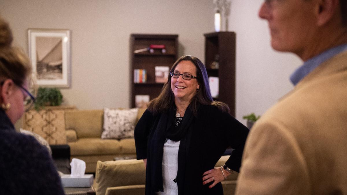 Lizanne Padula speaks with guests during her election night watch party in Tacoma, Wash., on Tuesday, Nov. 6, 2018. 

