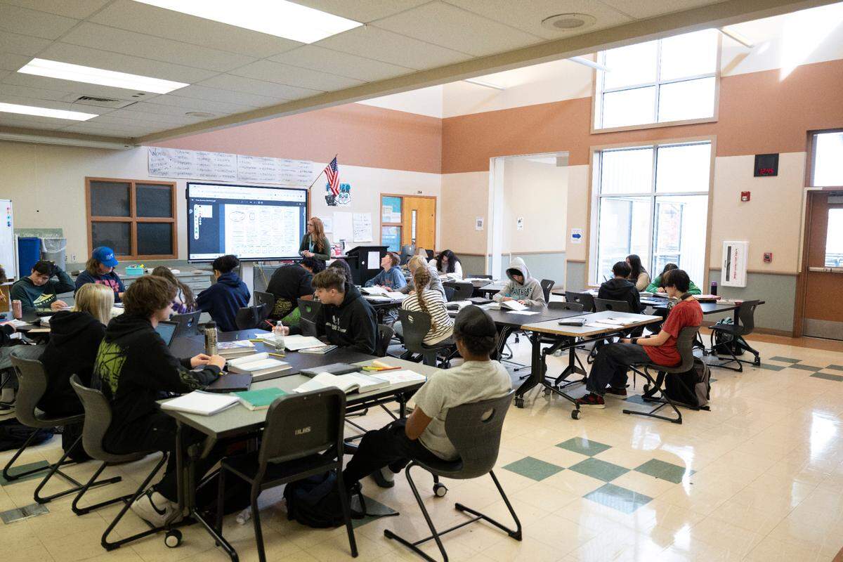 Overcrowding at Bonney Lake High School has left students having class in the hallways, on Wednesday, Oct. 9, 2024 in Bonney Lake, Wash.