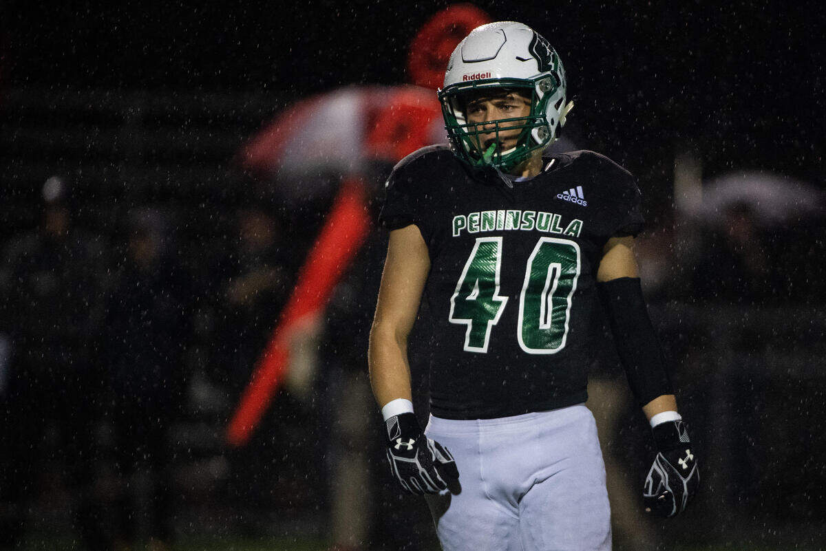 Peninsula’s Nolan Casey (40) during the game. Peninsula played Yelm in a football game at Roy Anderson Field in Purdy, Wash., on Friday, Oct. 18, 2019.
