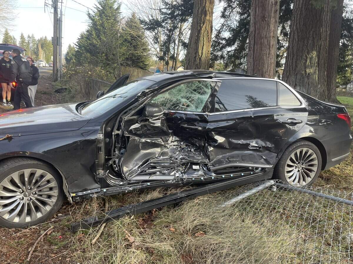 A collision with a Graham Fire & Rescue transport unit at the 12600 block of 224th Street East left a passenger car seriously damaged in Graham, Wash., on Wednesday, Jan. 22, 2025.