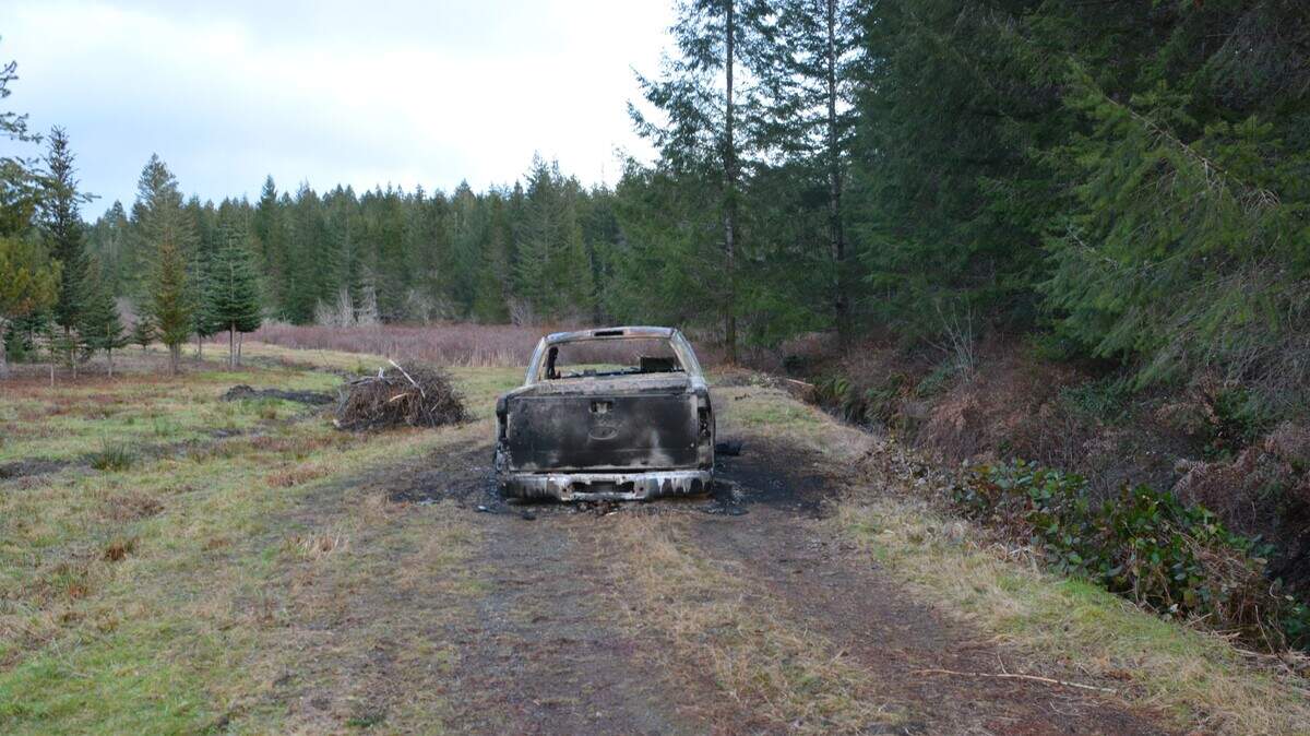 The burned-out pickup truck in which the body of Johnny Careaga was found on a Mason County tree farm. His wife and two teenage boys were also killed in their Seabeck home in January of 2017.
