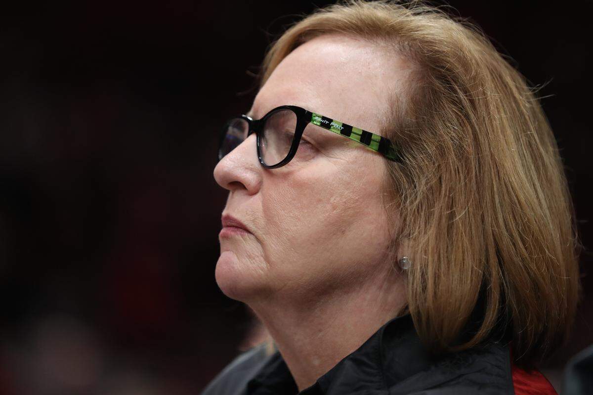 May 20, 2019; Portland, OR, USA; Portland Trail Blazers chair Jody Allen watches Portland play Golden State Warriors in the second half of game four of the Western conference finals of the 2019 NBA Playoffs at Moda Center. Mandatory Credit: Jaime Valdez-USA TODAY Sports
