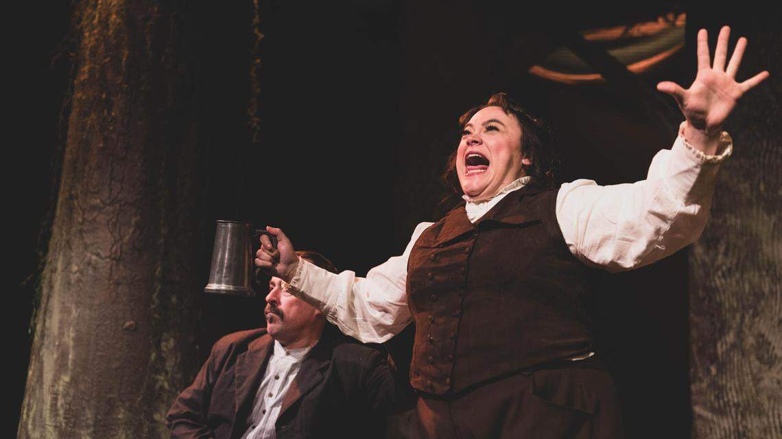 Robert Winstead (left) as Ted Tornow and Bry Kifolo as newspaper reporter D.P. Lea in “Wild Man of the Wynoochee” at Key City Public Theatre.