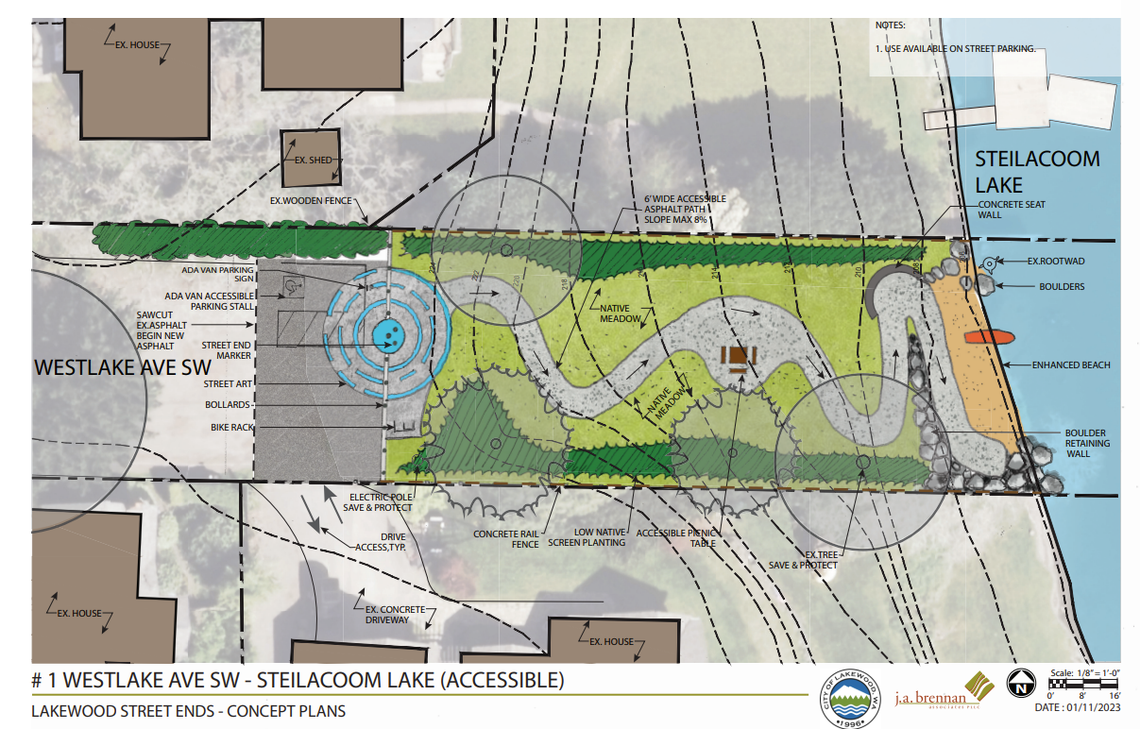 An artist rendering depicts possible upgrades to a street end on Westlake Avenue Southwest in Lakewood, including an enhanced beach, parking, trail and native plants.